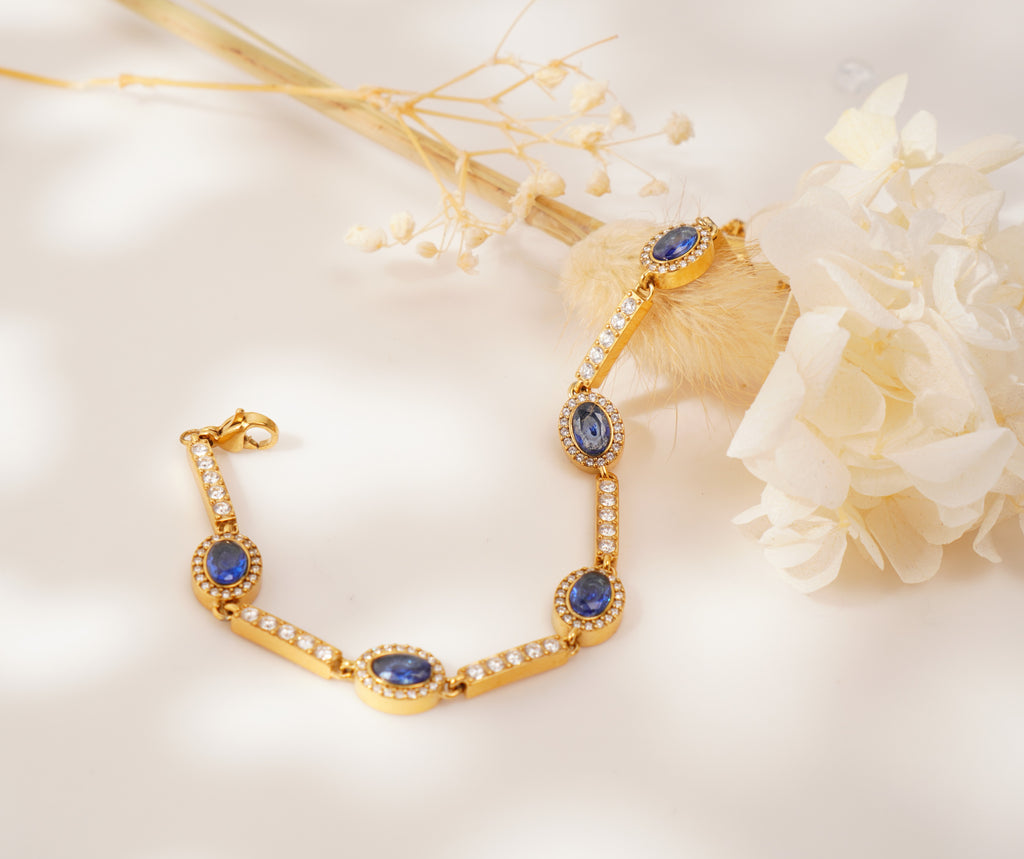 Bracelet doré pierres bleues en acier inoxydable – Élégance raffinée & éclat intemporel