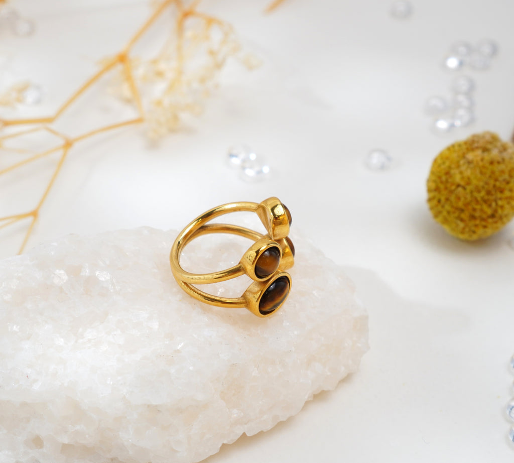 Bague en acier inoxydable avec pierres œil-de-tigre – Élégance naturelle & énergie protectrice
