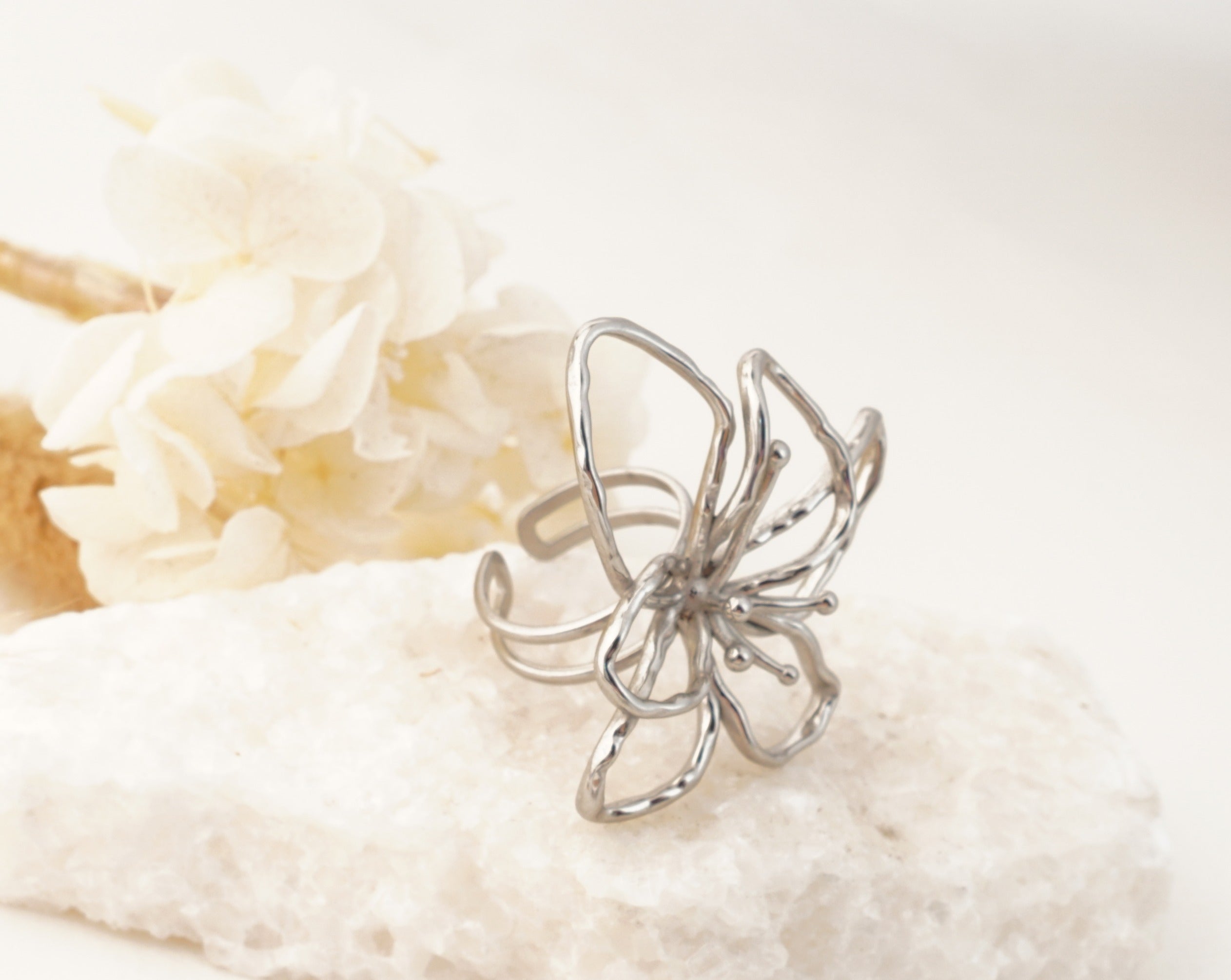 Boucles d’oreilles & Bague Fleur Parisienne en Acier inoxydable