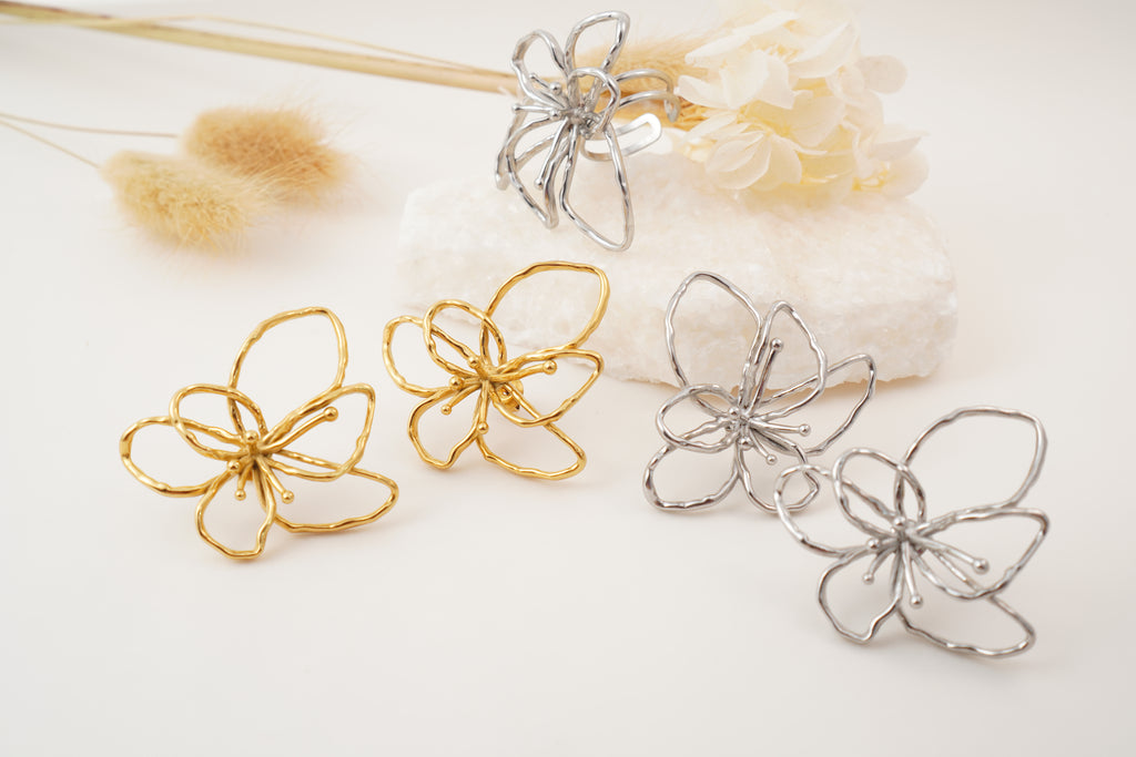 Boucles d’oreilles & Bague Fleur Parisienne en Acier inoxydable